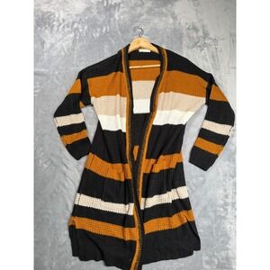 Full Circle Trends Cardigan Sweater Womens 1X Brown Black Striped Open Front
